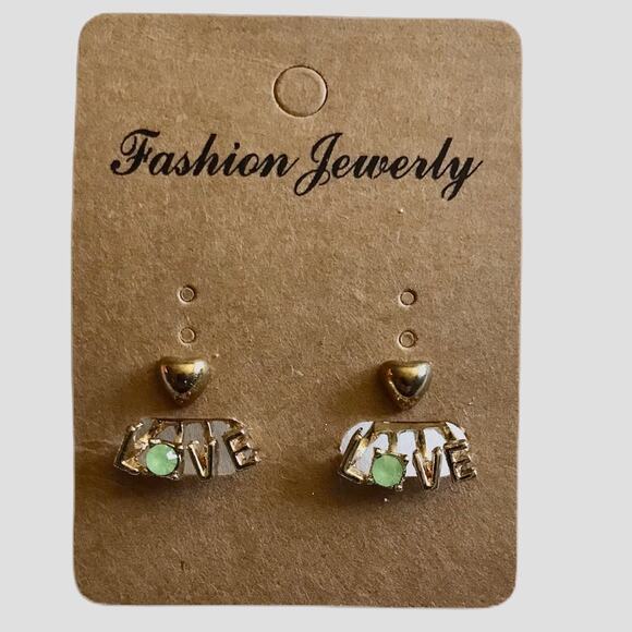 2- in-1 Heart Love Earrings Gold Green Lobe Cuff - Picture 1 of 9